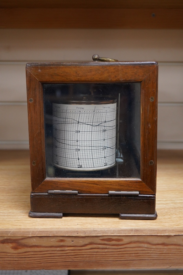 A late 19th century teak cased barograph, without maker’s mark, hinged lid with glazed front, 32.5cm wide, 20cm high, 17cm deep